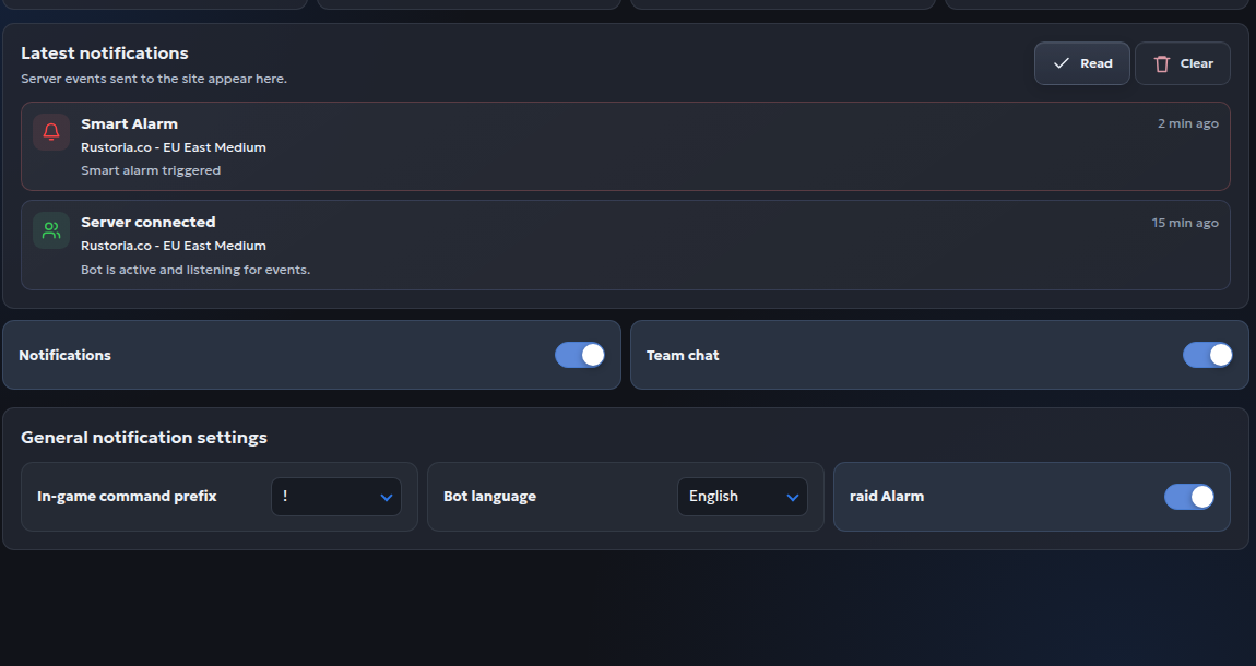 RustVision alerts page with events and notification settings